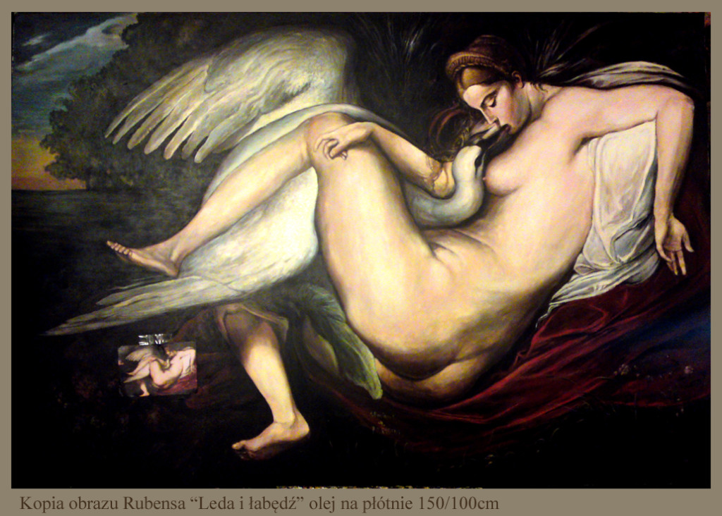 Kopia obrazu Rubensa "Leda i łąbędź" olej na płótnie 150/100 cm fragment